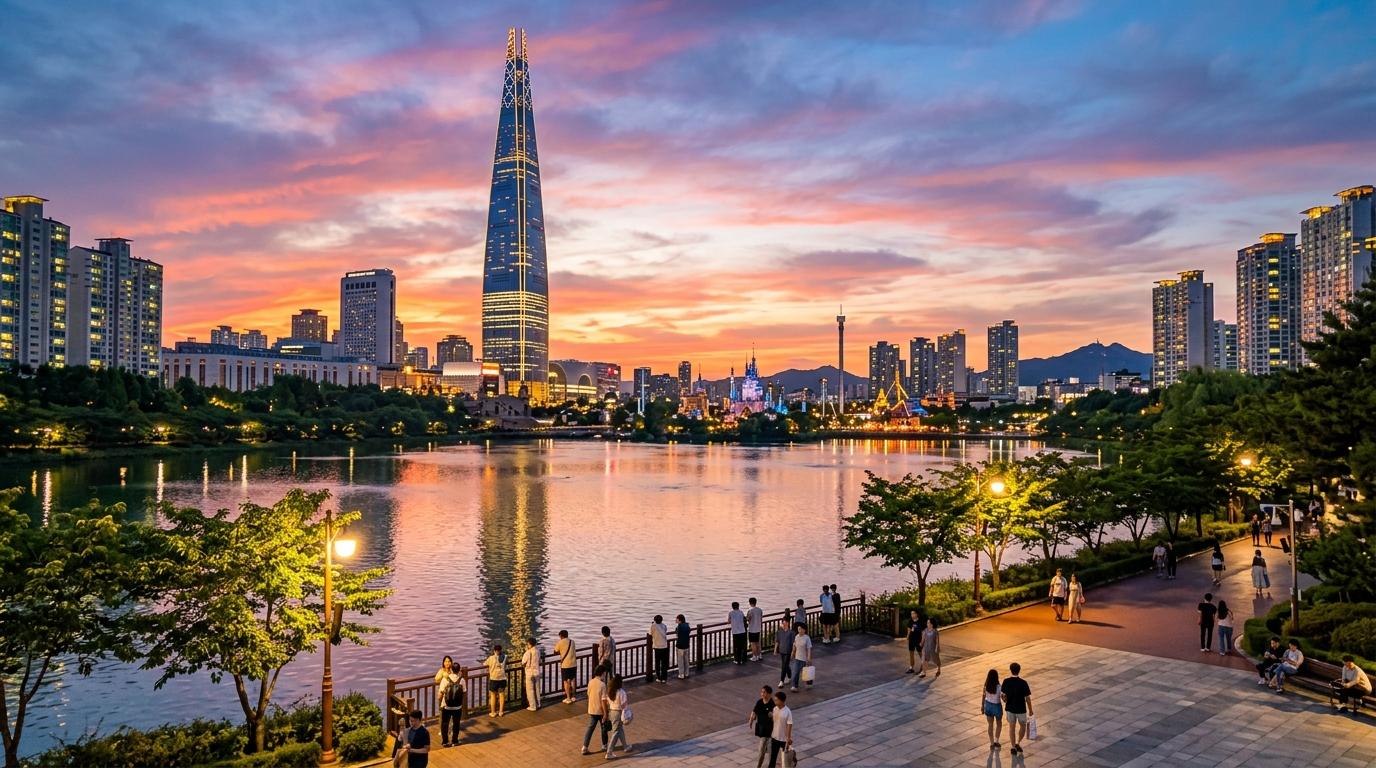 Bright vibrant photorealistic Lotte World Tower and Jamsil skyline at sunset, city lights beginning to glow, travelers by a lake, no text