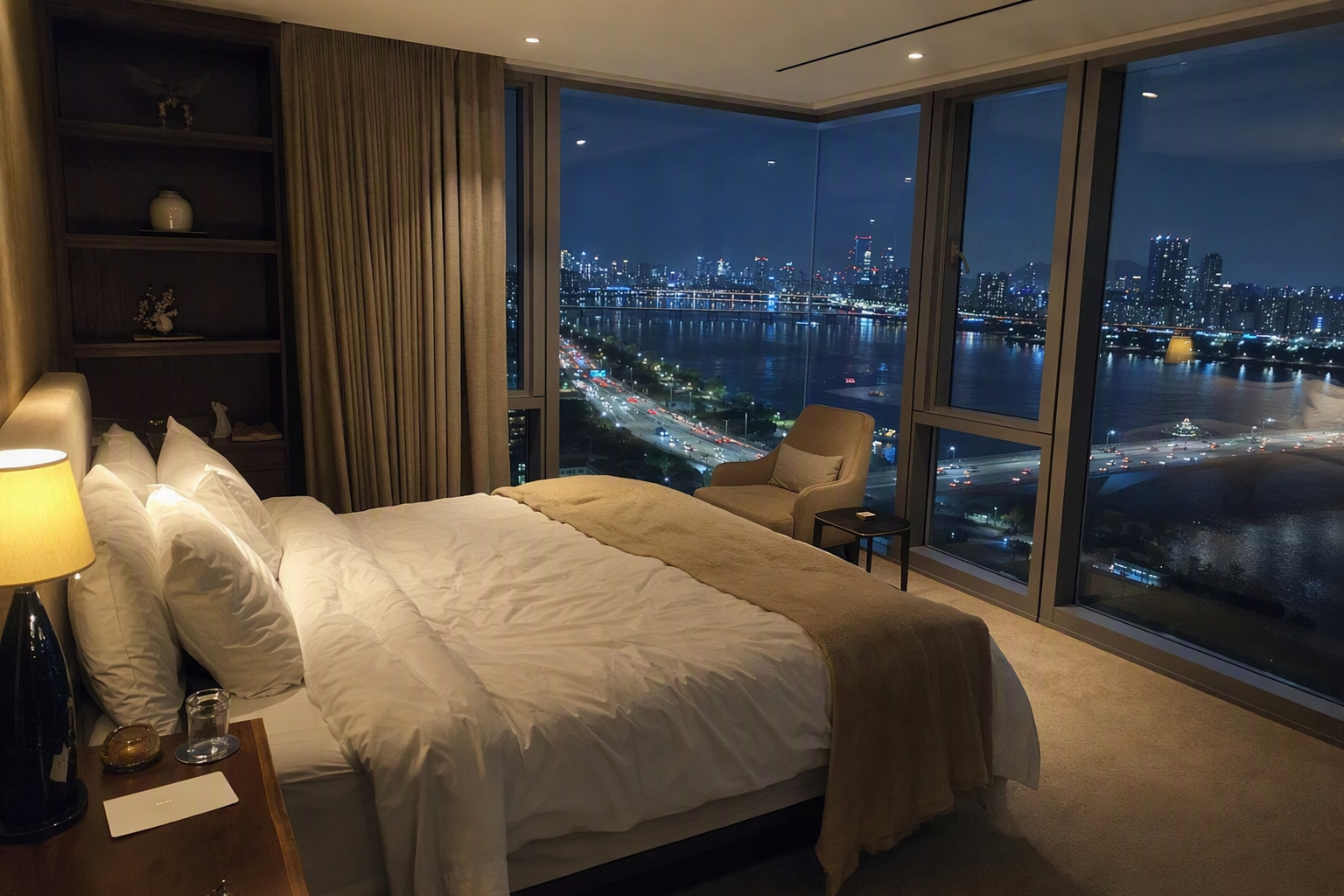 Bright vibrant photorealistic Han River view from a stylish hotel room in Mapo, city lights, soft bedding, elegant modern interior, no text
