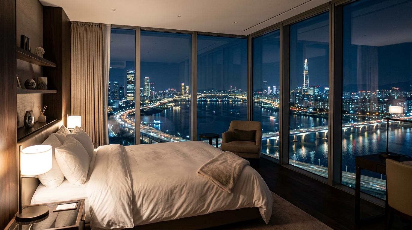 Bright vibrant photorealistic Han River view from a stylish hotel room in Mapo, city lights, soft bedding, elegant modern interior, no text