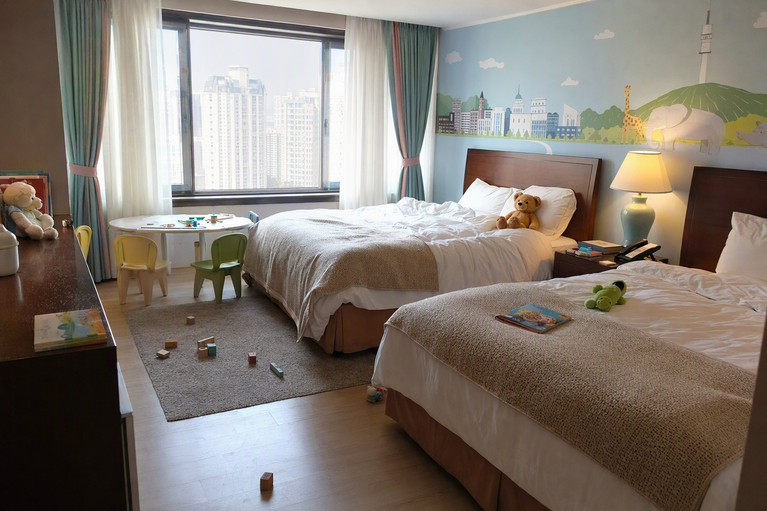 Bright vibrant photorealistic family-friendly hotel room with playful decor, city view, soft beds, colorful accents, no text