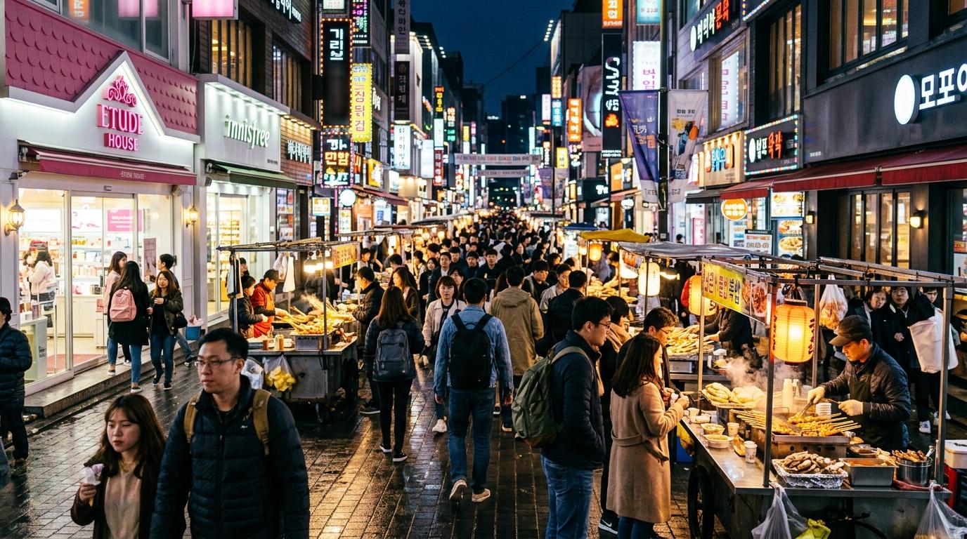 Bright vibrant photorealistic evening street in Myeongdong with food stalls, beauty shops, travelers, glowing signs without readable text, no Korean text