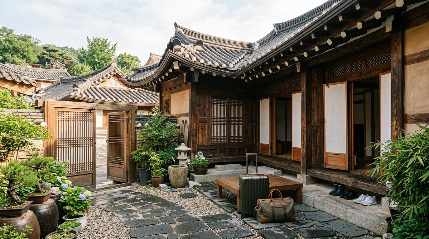 Bright vibrant photorealistic Bukchon hanok courtyard with wooden doors, tiled roofs, soft morning light, tasteful modern luggage, no text