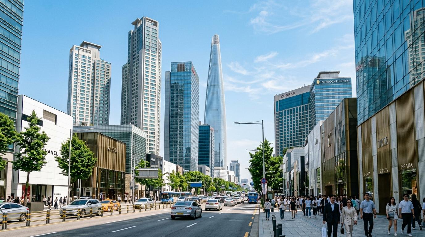 Bright vibrant photorealistic Gangnam skyline with sleek hotel towers, luxury shopping street, clean modern city mood, sunny afternoon, no text