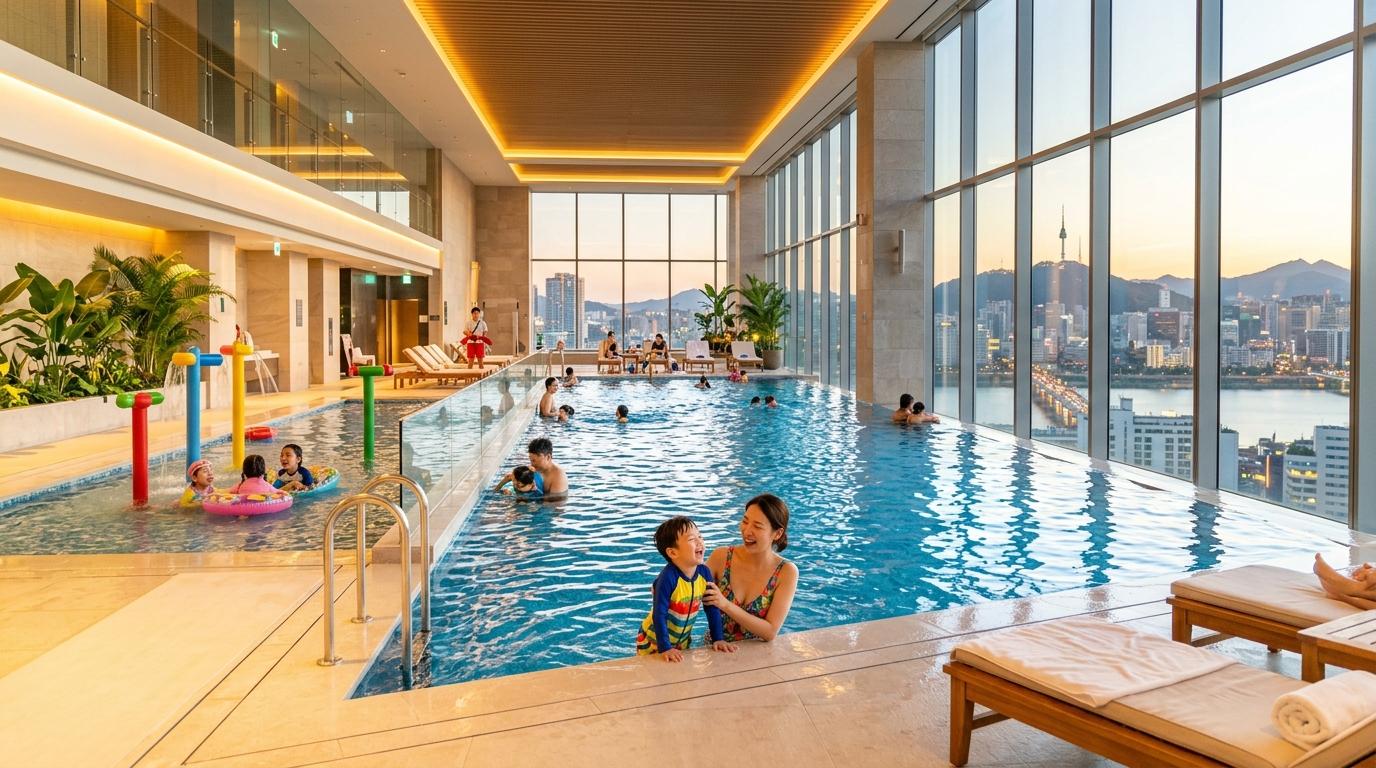Bright vibrant photorealistic indoor hotel pool in Seoul with city view, warm lighting, family-friendly atmosphere, no text