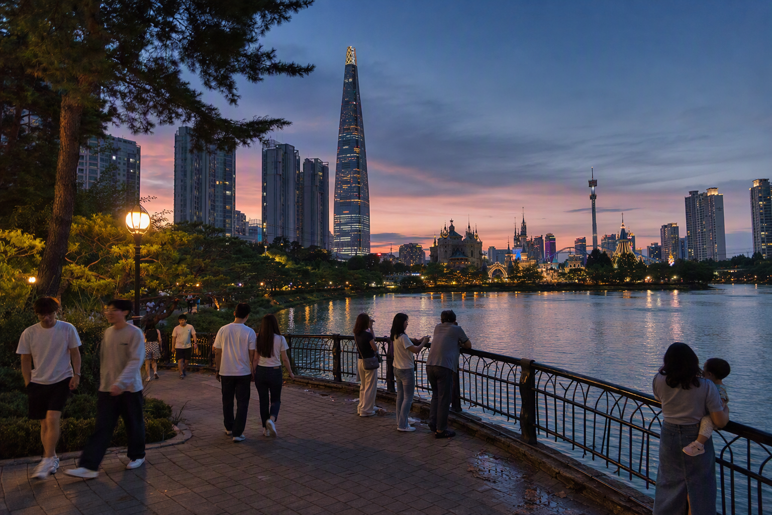 Bright vibrant photorealistic Lotte World Tower and Jamsil skyline at sunset, city lights beginning to glow, travelers by a lake, no text