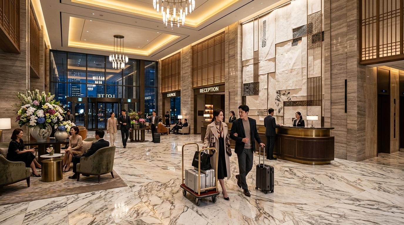 Bright vibrant photorealistic luxury hotel lobby in Seoul with marble, warm lighting, elegant travelers, flowers, modern Korean design accents, no text