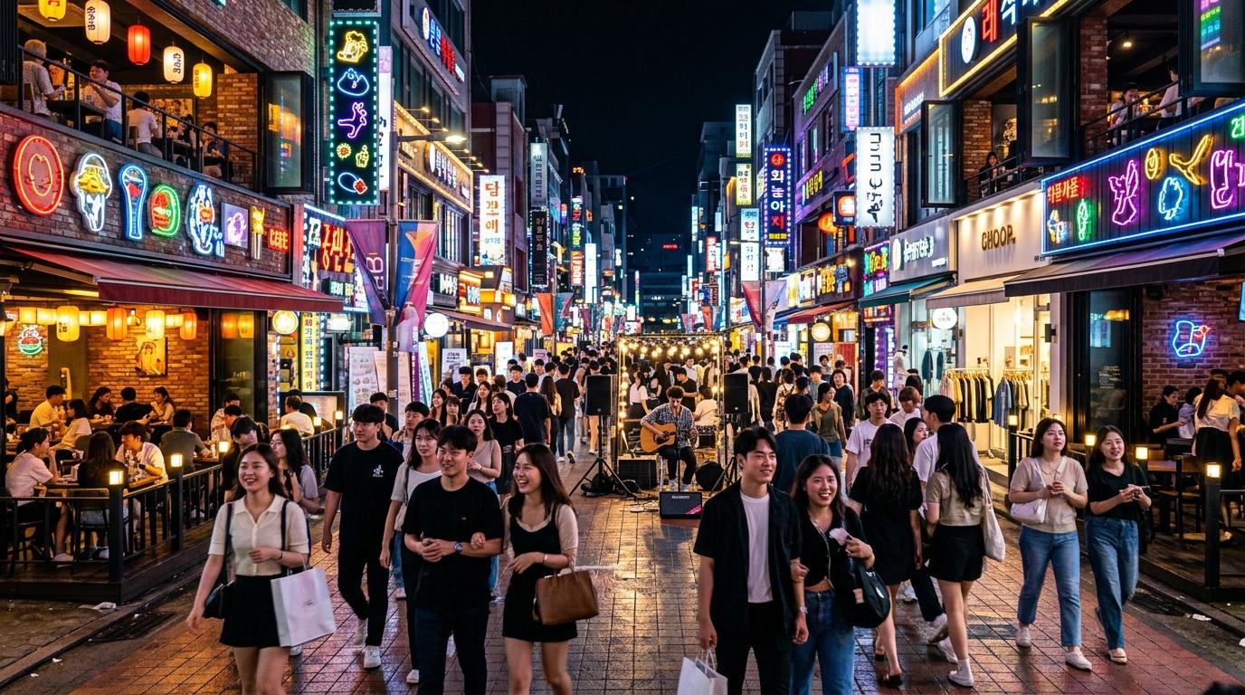Bright vibrant photorealistic Hongdae street at night with young travelers, cafes, music energy, neon lights without readable text, no Korean text