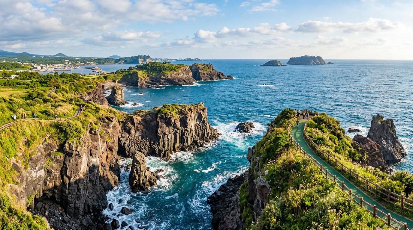 Bright photorealistic panorama of south Jeju coastline with basalt cliffs, deep blue sea, green walking path, and warm afternoon light, no text