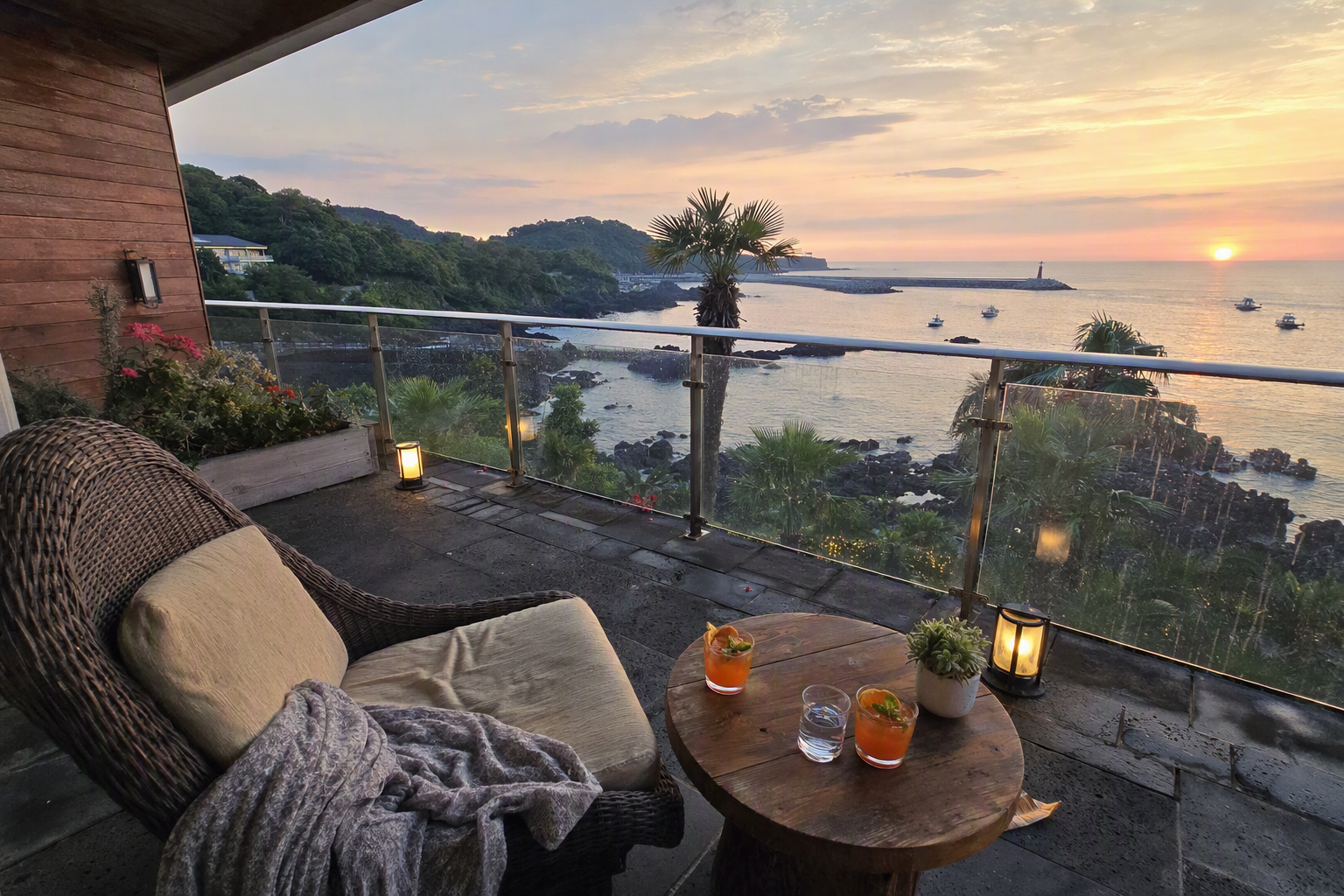 Bright photorealistic boutique hotel balcony in Seogwipo overlooking palm trees, ocean, and volcanic coastline at sunset, no text