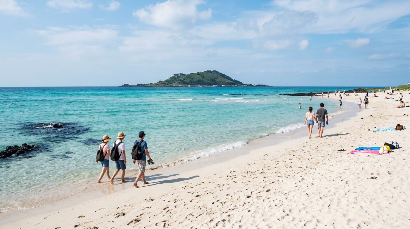 Bright photorealistic scene of Hyeopjae Beach in Jeju with white sand, turquoise shallow water, Biyangdo Island in the distance, and travelers walking casually,