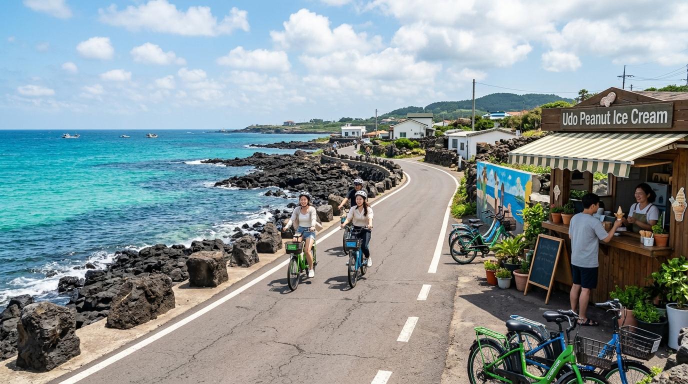 Bright photorealistic coastal road on Udo Island with electric bicycles, emerald sea, black volcanic stones, peanut ice cream stand without text, sunny sky