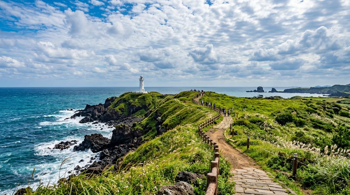 Bright photorealistic coastal trail at Seopjikoji with green grass, black rocks, blue ocean, white lighthouse, and dramatic clouds, no text