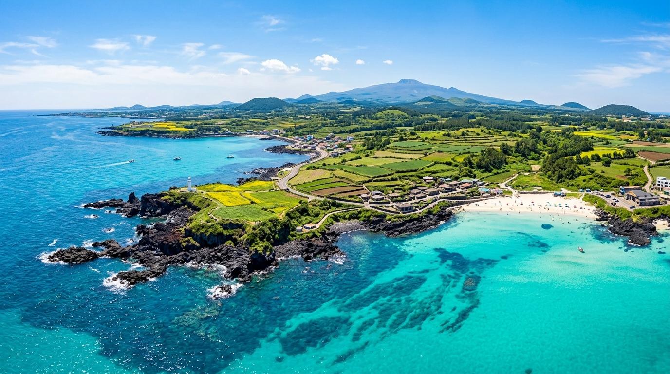 Bright photorealistic aerial view of Jeju Island coastline with turquoise water, black volcanic rocks, green fields, and a clear blue sky, no text