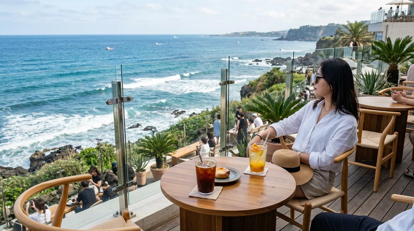 Bright photorealistic cafe terrace in Aewol Jeju overlooking blue ocean waves, iced drinks on a table, soft sunlight, modern coastal atmosphere, no text