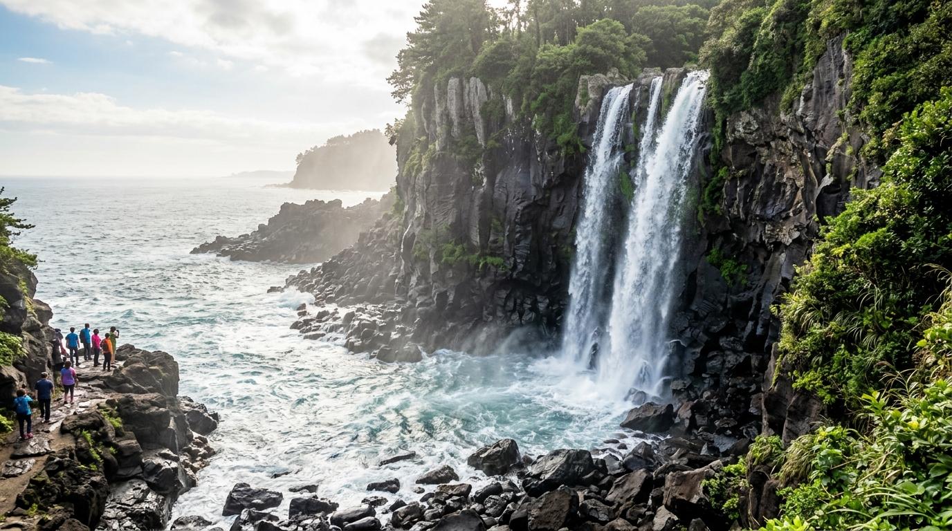 Bright photorealistic view of Jeongbang Falls in Seogwipo dropping beside black volcanic rocks into the sea, misty sunlight, travelers in the distance, no text