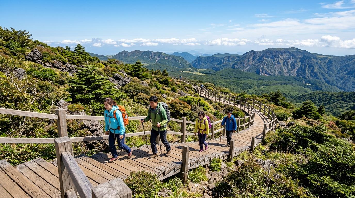 Bright photorealistic Hallasan hiking trail with wooden steps, alpine shrubs, distant clouds, and hikers wearing light jackets under crisp blue sky, no text