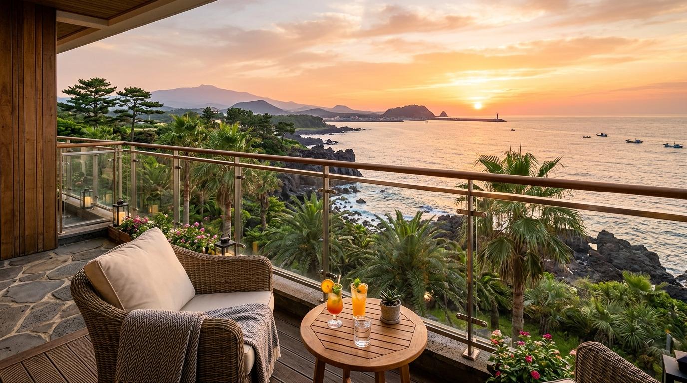 Bright photorealistic boutique hotel balcony in Seogwipo overlooking palm trees, ocean, and volcanic coastline at sunset, no text