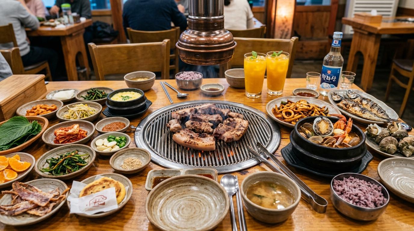 Bright photorealistic Jeju food table with grilled black pork, seafood side dishes, citrus drinks, and small market snacks in warm restaurant lighting, no text