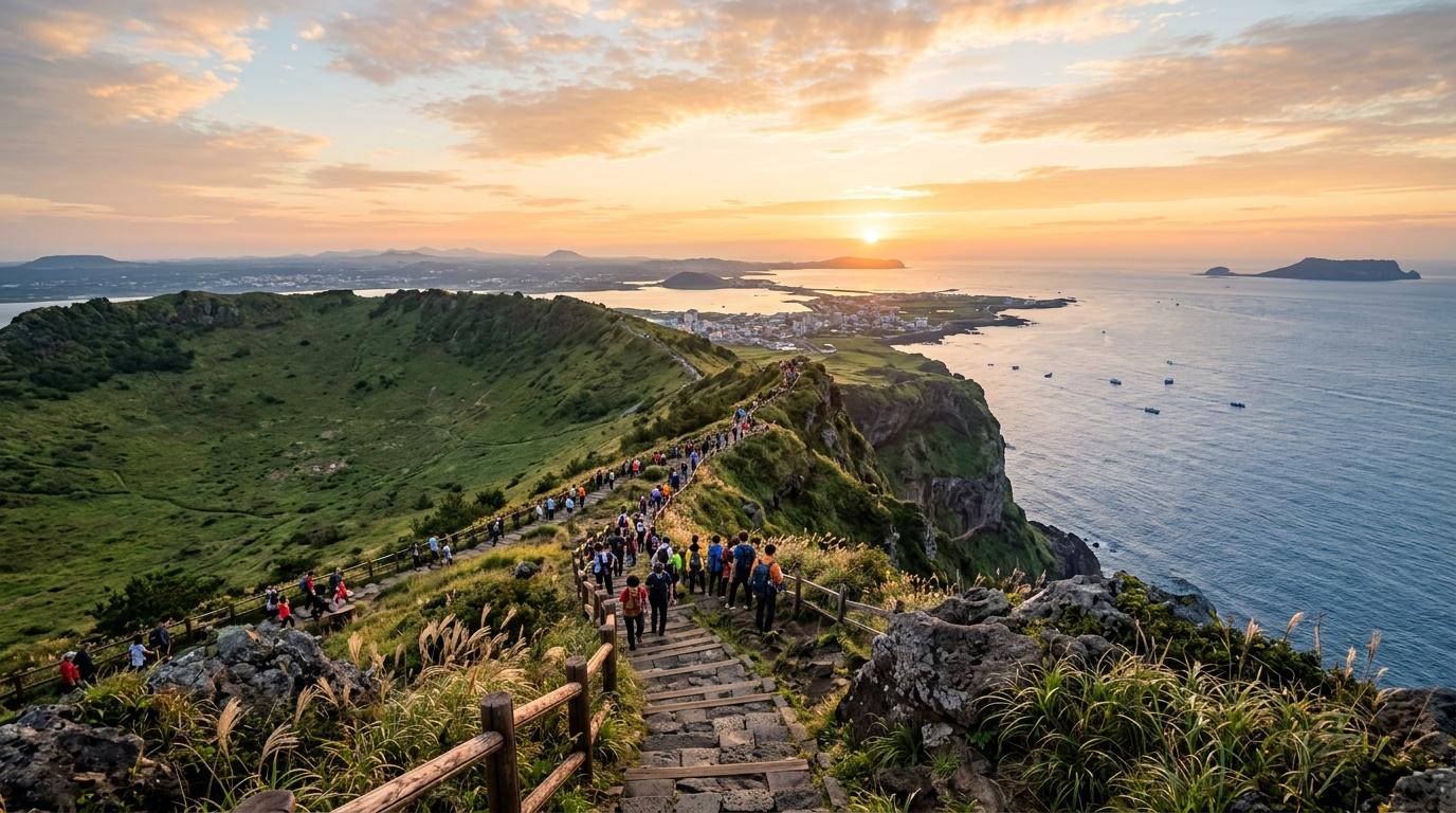 Bright photorealistic sunrise view from Seongsan Ilchulbong with a volcanic crater ridge, ocean horizon, soft golden light, and hikers on stone steps, no text