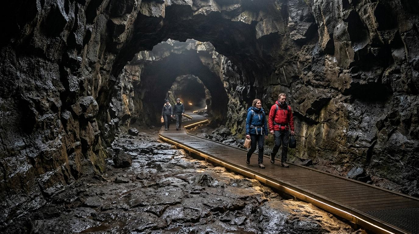 Bright photorealistic interior of a lava tube cave with dark volcanic walls, subtle pathway lighting, damp stone floor, and visitors in jackets, no text