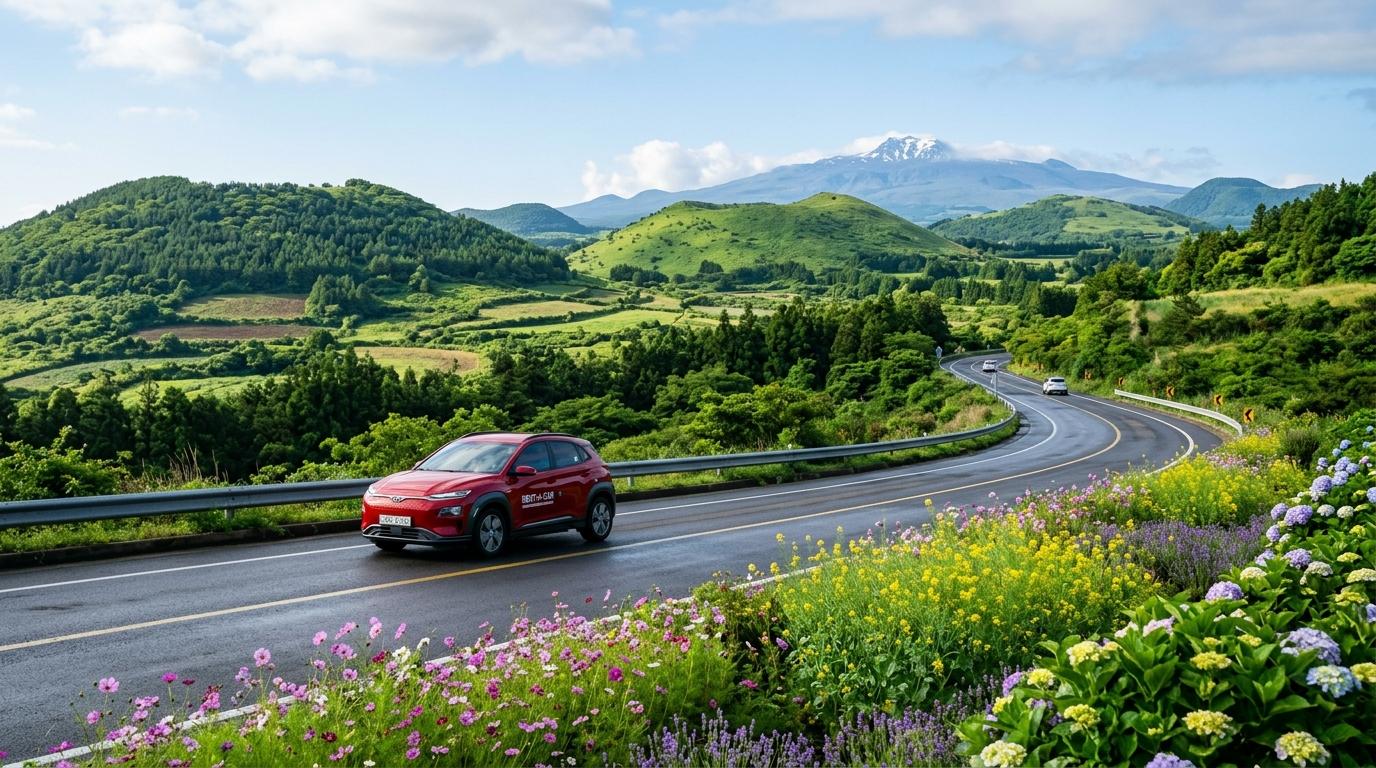 Bright photorealistic road trip scene in Jeju with a small rental car driving past green volcanic hills, wildflowers, and distant Hallasan under soft morning li