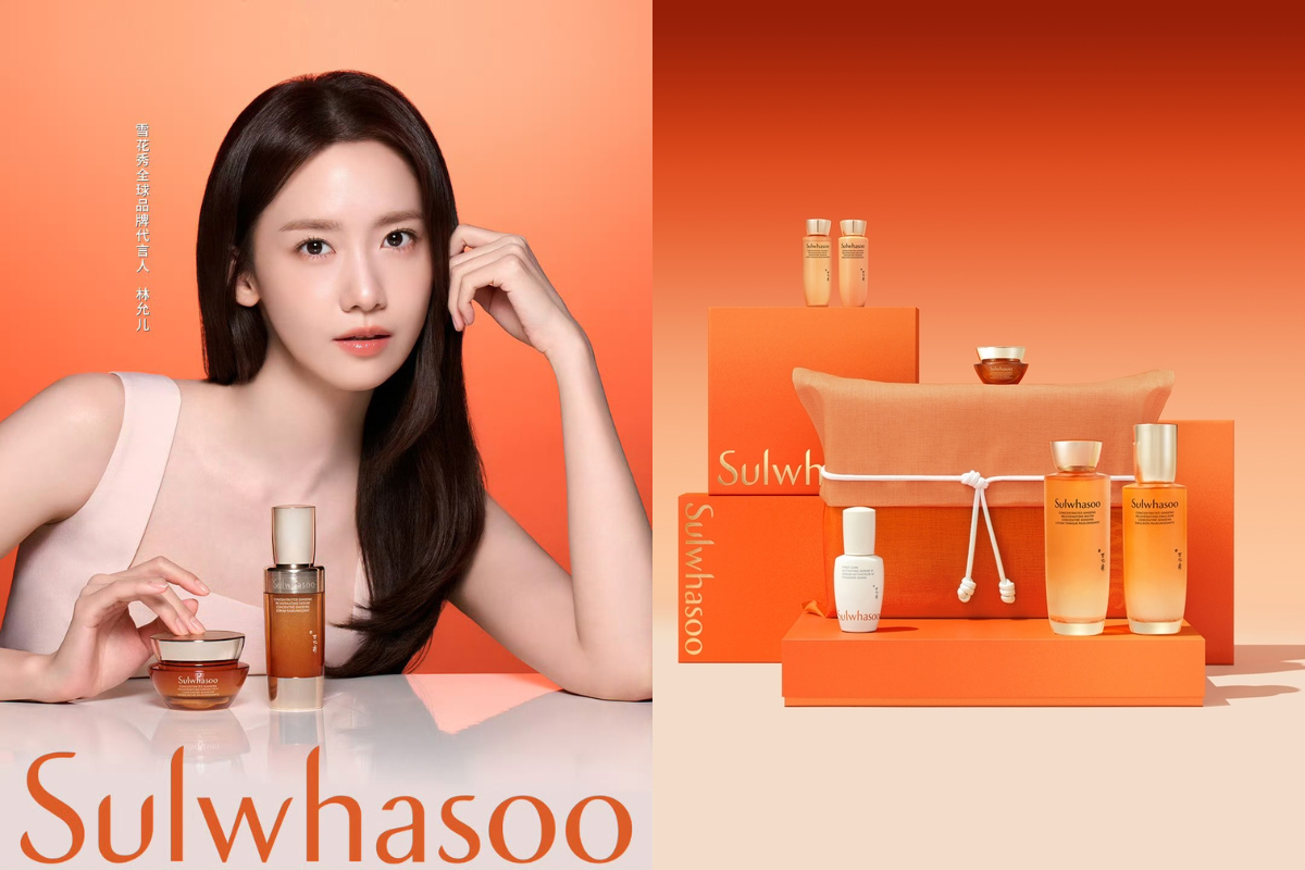 Sulwhasoo Bukchon House display featuring ginseng skincare products, a flagship-exclusive orange gift set, bottles, and a drawstring pouch.