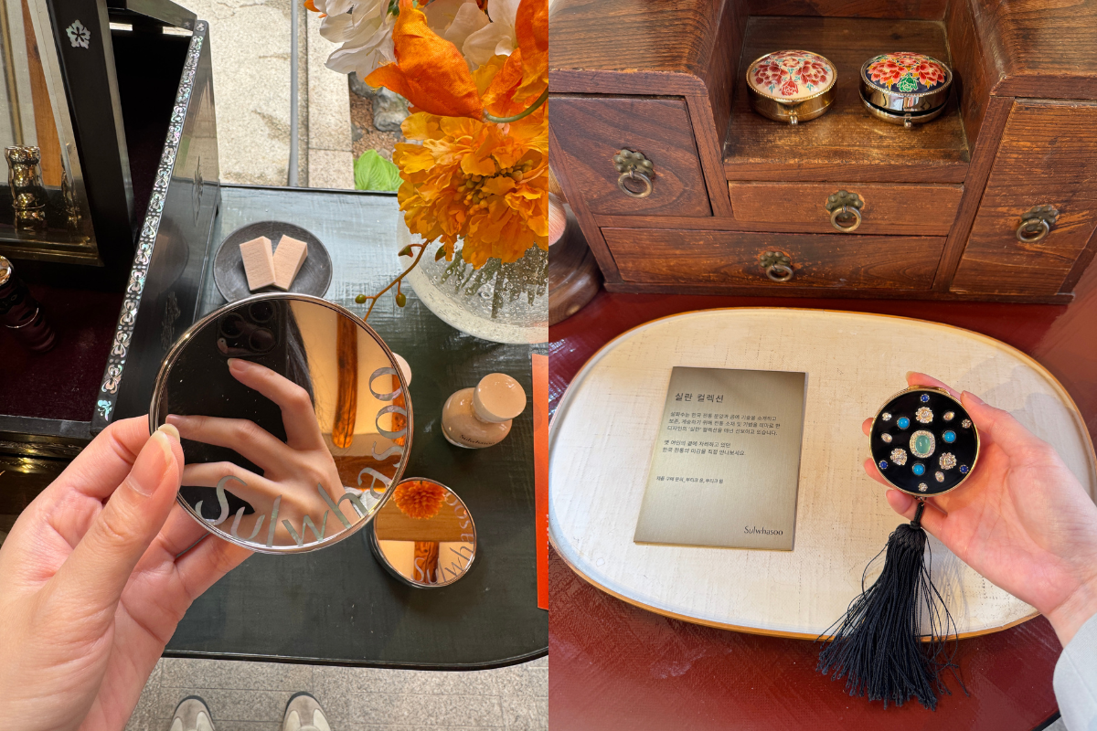 Sulwhasoo Bukchon House display featuring a branded hand mirror, skincare samples, orange flowers, and a traditional-style powder case with gemstones and tassels.