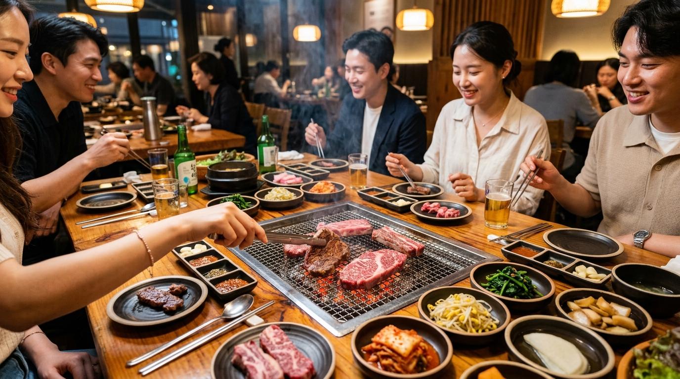Bright vibrant photorealistic upscale Korean beef dining table with charcoal grill, elegant plates, warm lighting, no readable text