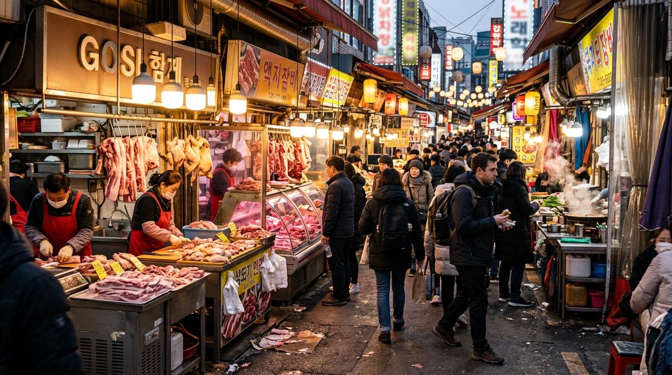Bright vibrant photorealistic Seoul street market with butcher stalls, warm lights, travelers walking, no readable text