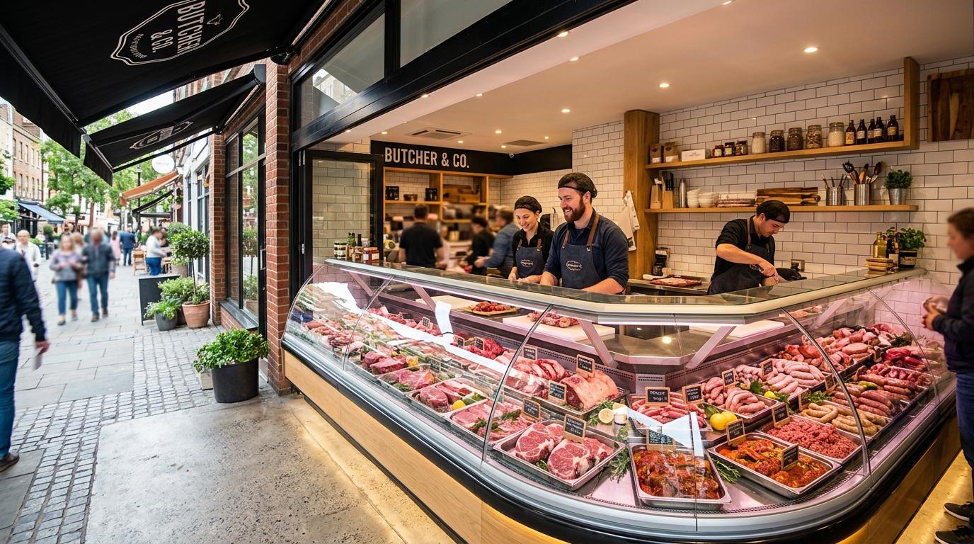 Bright vibrant photorealistic modern neighborhood butcher shop with clean glass display cases and fresh meat, no readable text