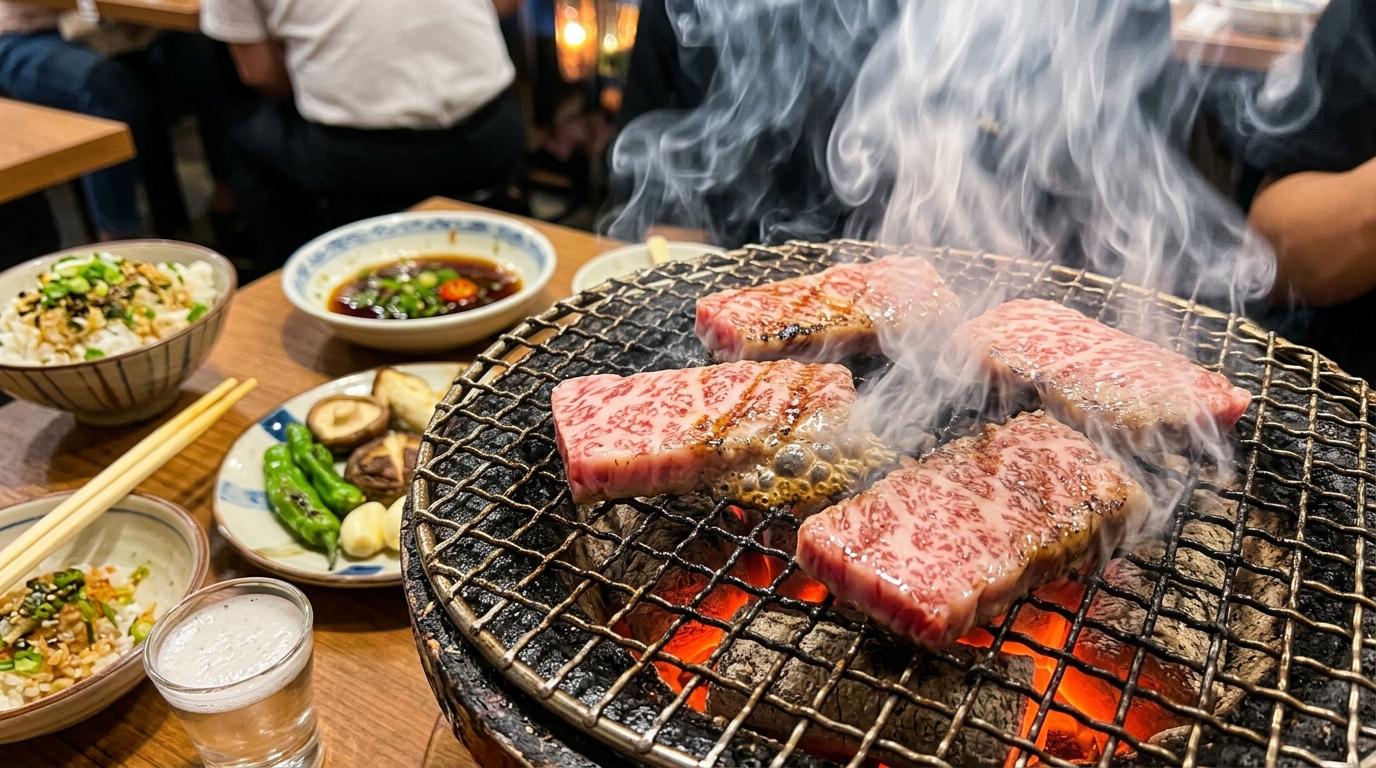 Bright vibrant photorealistic close-up of marbled beef slices on a charcoal grill with side dishes and steam, no readable text