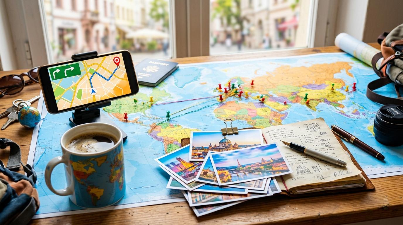 Bright vibrant photorealistic travel desk with map pins, phone navigation, coffee, and city photos, no readable text