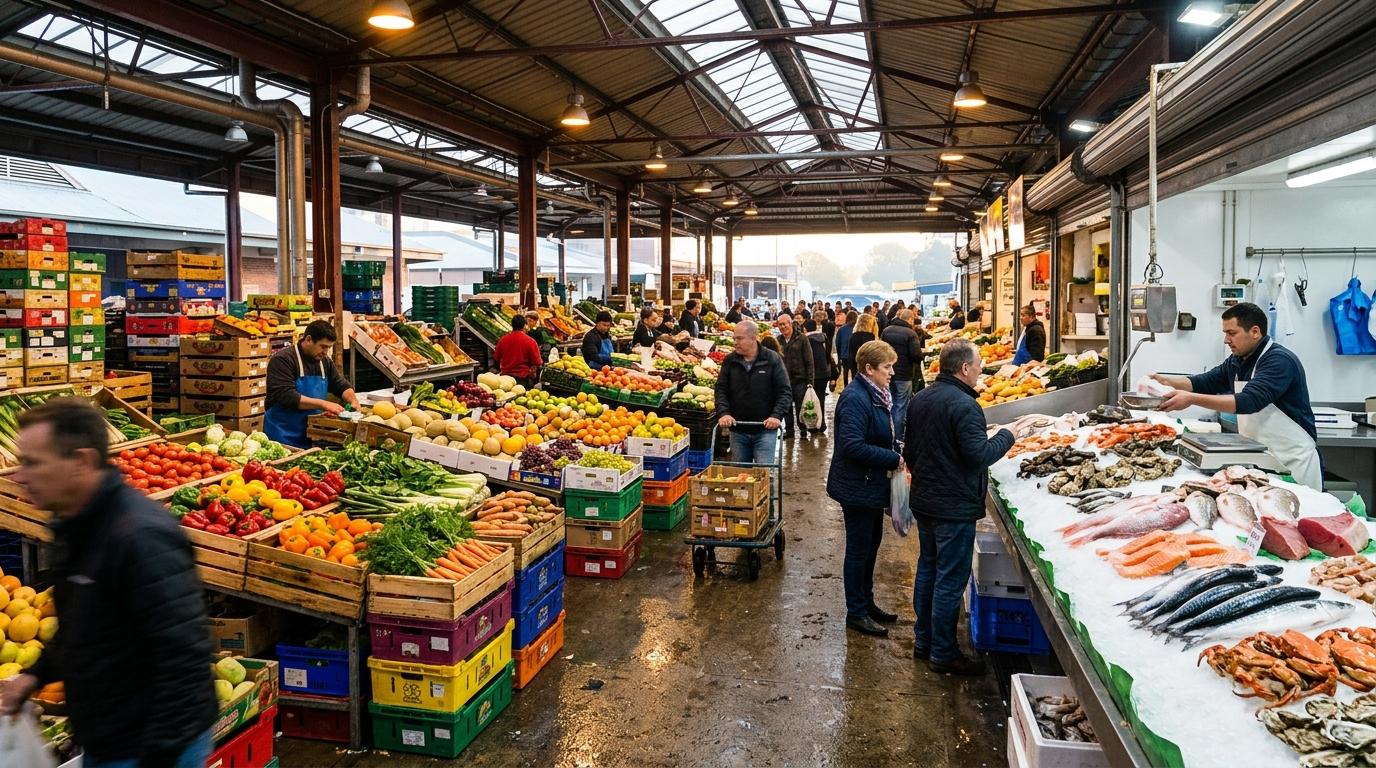 Bright vibrant photorealistic wholesale food market with colorful produce crates and seafood counters, early morning atmosphere, no readable text