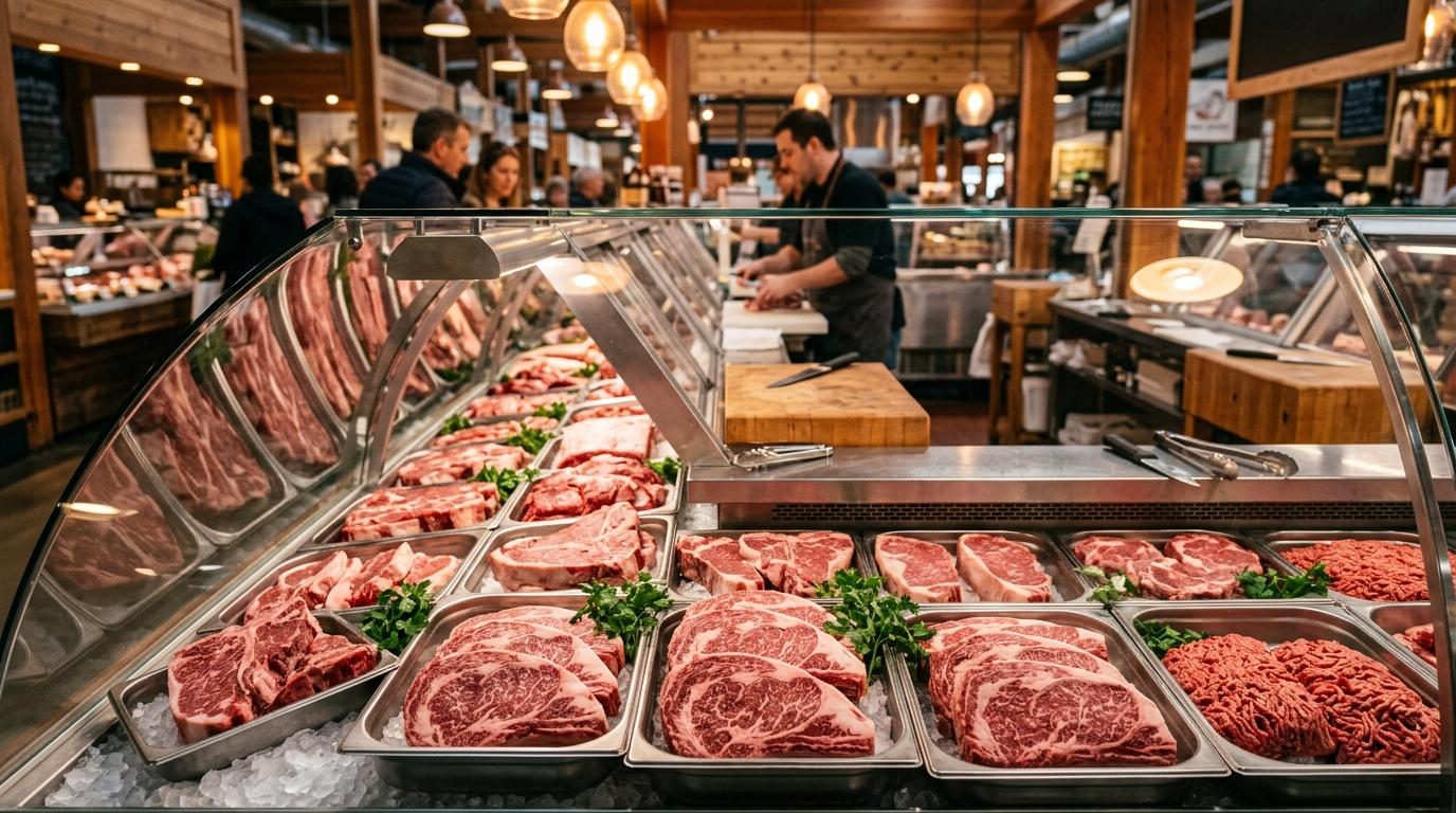 Bright vibrant photorealistic butcher counter filled with premium marbled beef, stainless steel trays, warm market lighting, no readable text