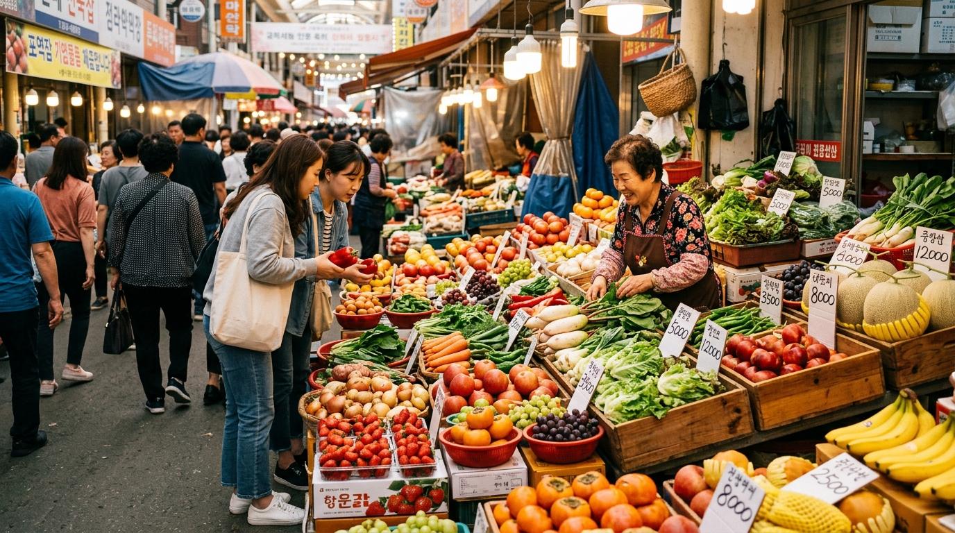 Bright vibrant photorealistic Korean local market stall with fresh vegetables, fruit, shoppers, warm lighting, price tags with numbers only, no Korean text