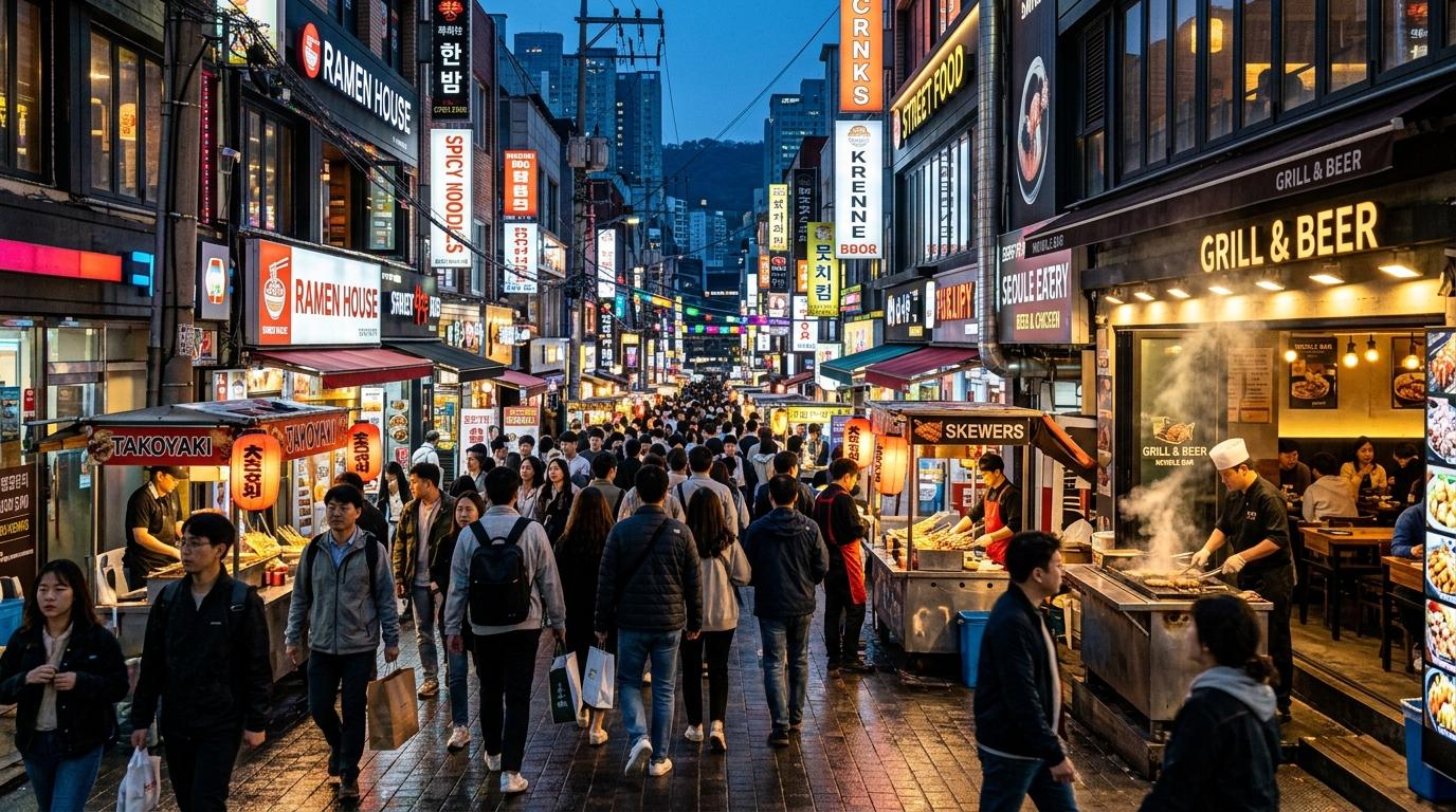 Bright vibrant photorealistic view of a busy Seoul street at dusk with restaurants, pedestrians, glowing storefronts, and no Korean text visible