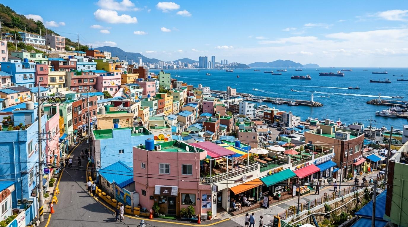 Bright vibrant photorealistic Busan seaside neighborhood with apartment buildings, ocean view, cafes, blue sky, and no Korean text