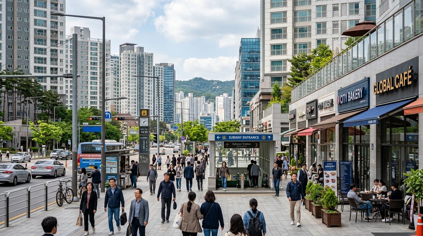 Bright vibrant photorealistic Seoul skyline with apartment buildings, cafes, subway entrance, and people walking on a clean city street, no Korean text