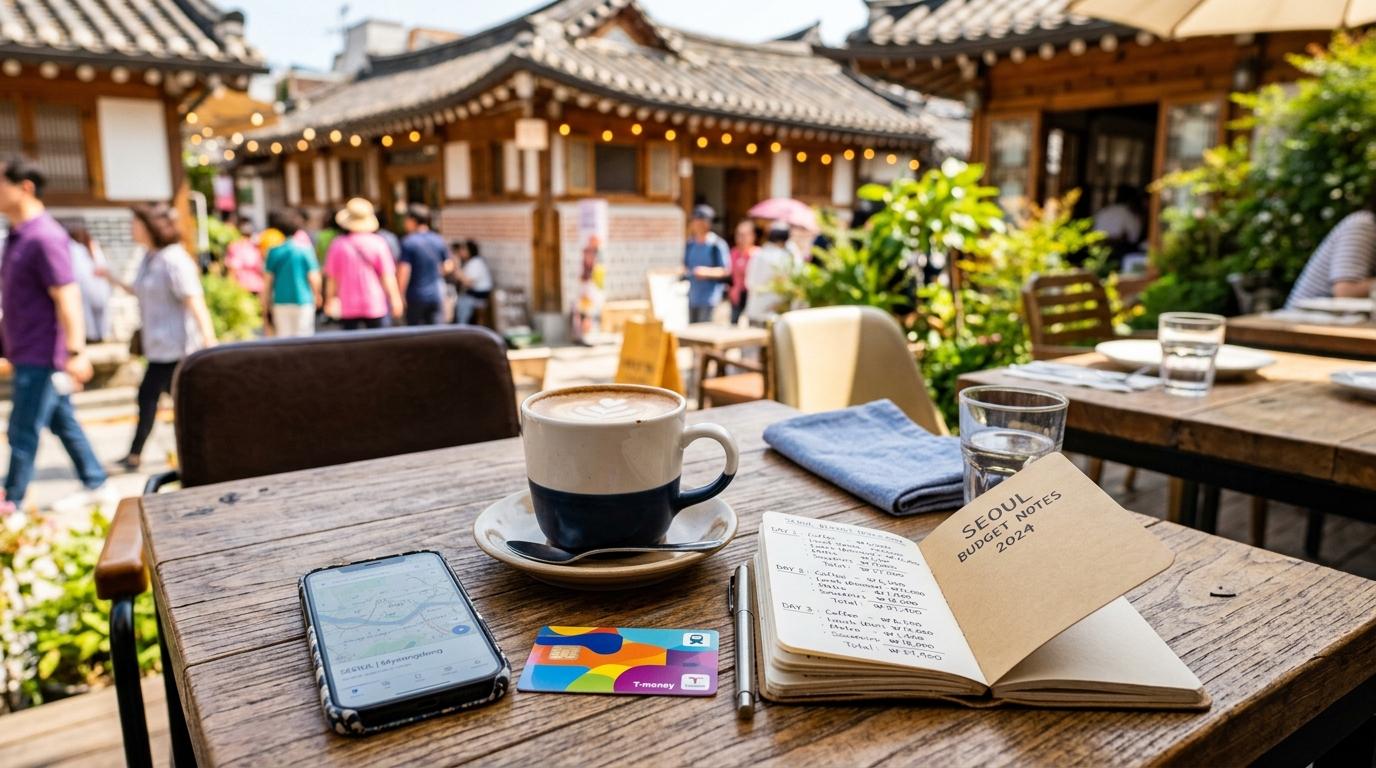 Bright vibrant photorealistic cafe table in Seoul with coffee, smartphone, transit card, small notebook with budget notes, no Korean text