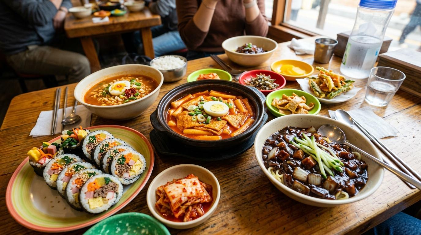 Bright vibrant photorealistic table with kimbap, tteokbokki, jjajangmyeon, ramen, and casual Korean lunch dishes, no Korean text