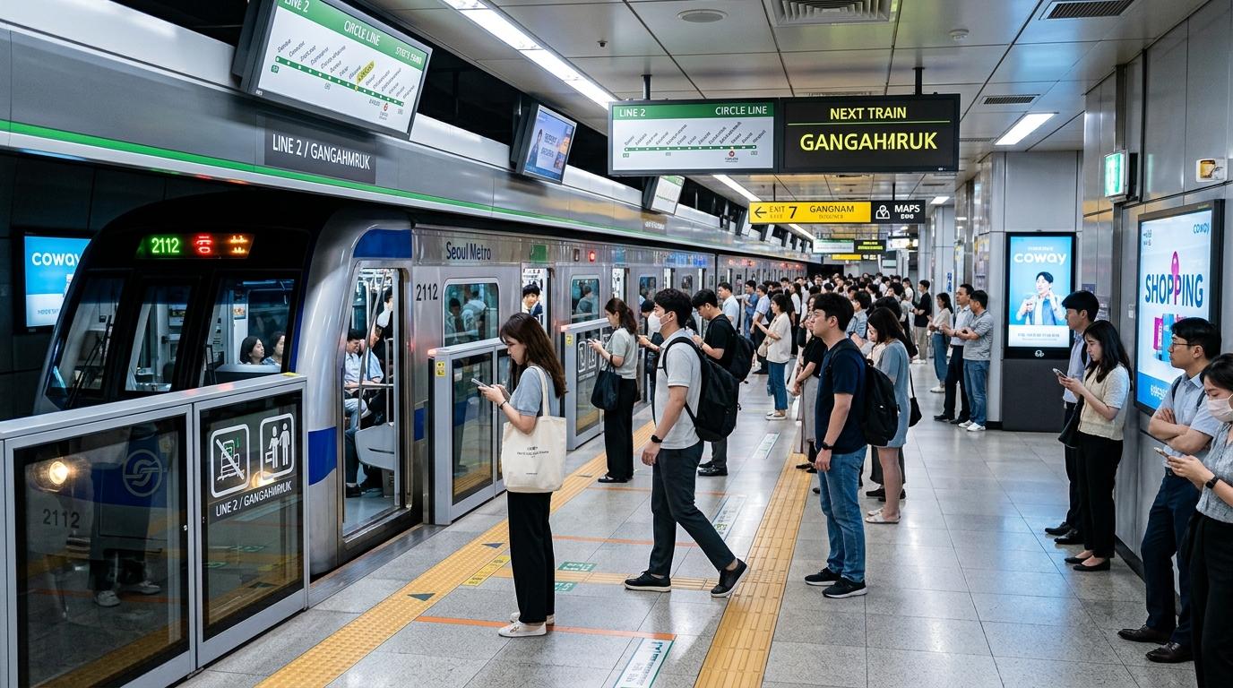 Bright vibrant photorealistic modern Korean subway platform with commuters, clean train, bright lighting, no Korean text