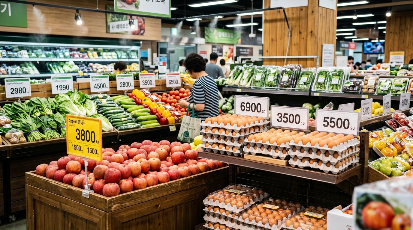 Bright vibrant photorealistic Korean supermarket produce section with apples, eggs, vegetables, price tags showing numbers only, no Korean text