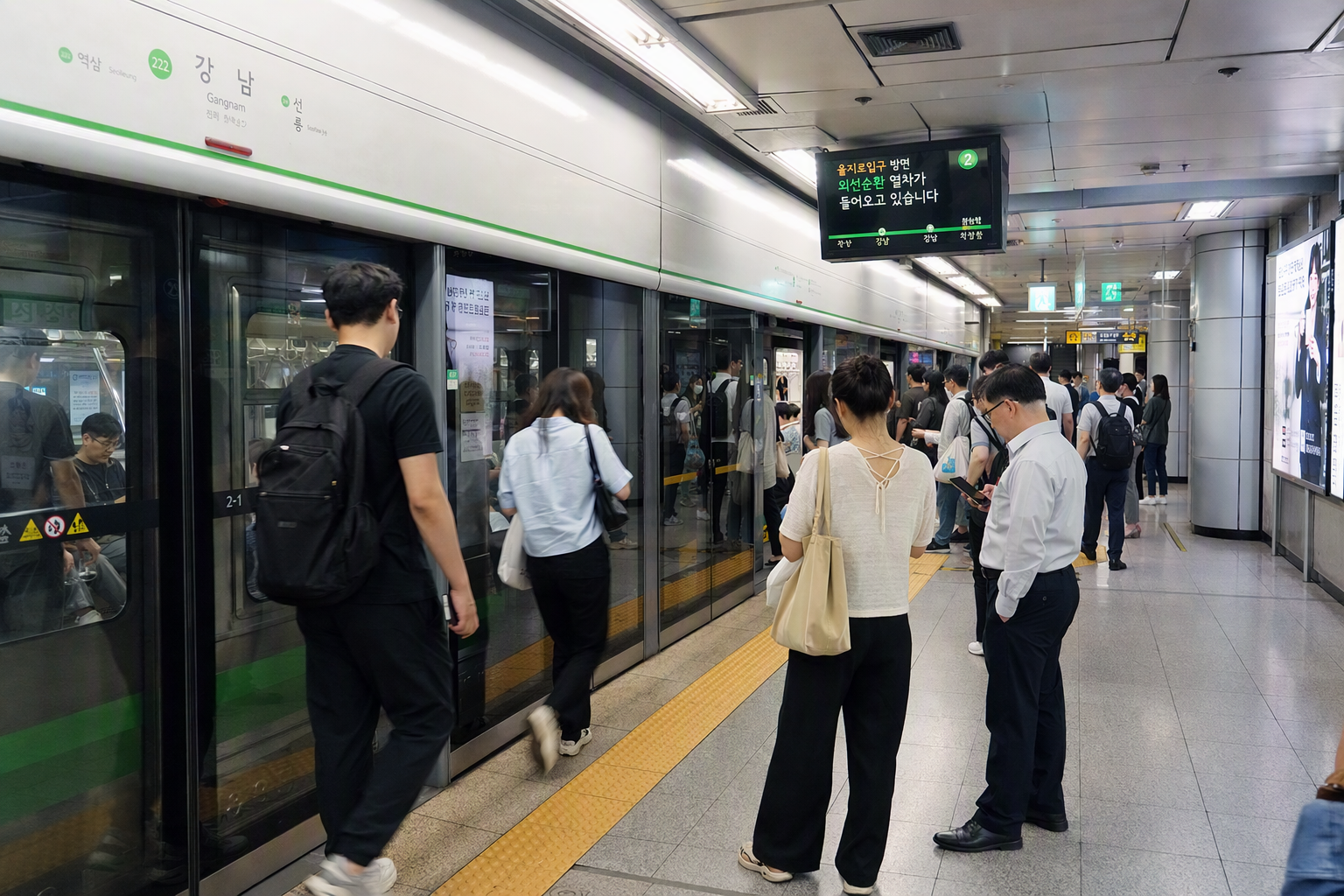Bright vibrant photorealistic modern Korean subway platform with commuters, clean train, bright lighting, no Korean text