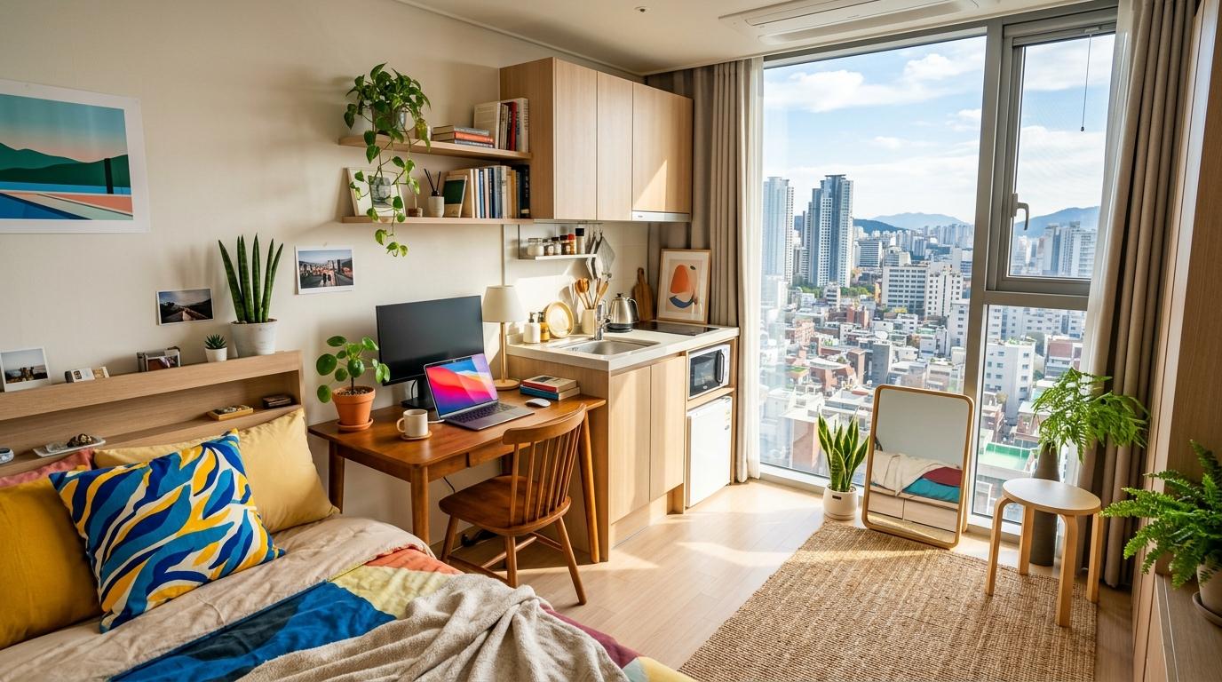 Bright vibrant photorealistic compact Seoul studio apartment with bed, desk, kitchenette, city window view, soft daylight, no Korean text