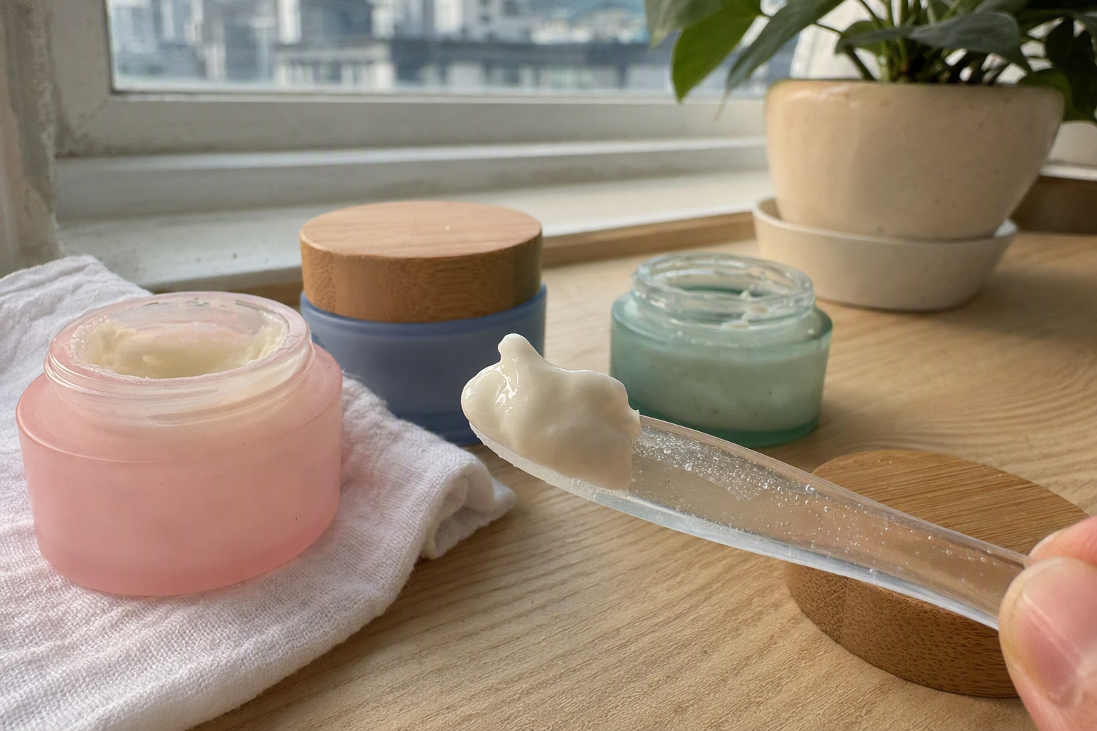 bright vibrant photorealistic close-up of lightweight cream texture on a clean glass spatula beside pastel moisturizer jars, natural daylight, no visible labels