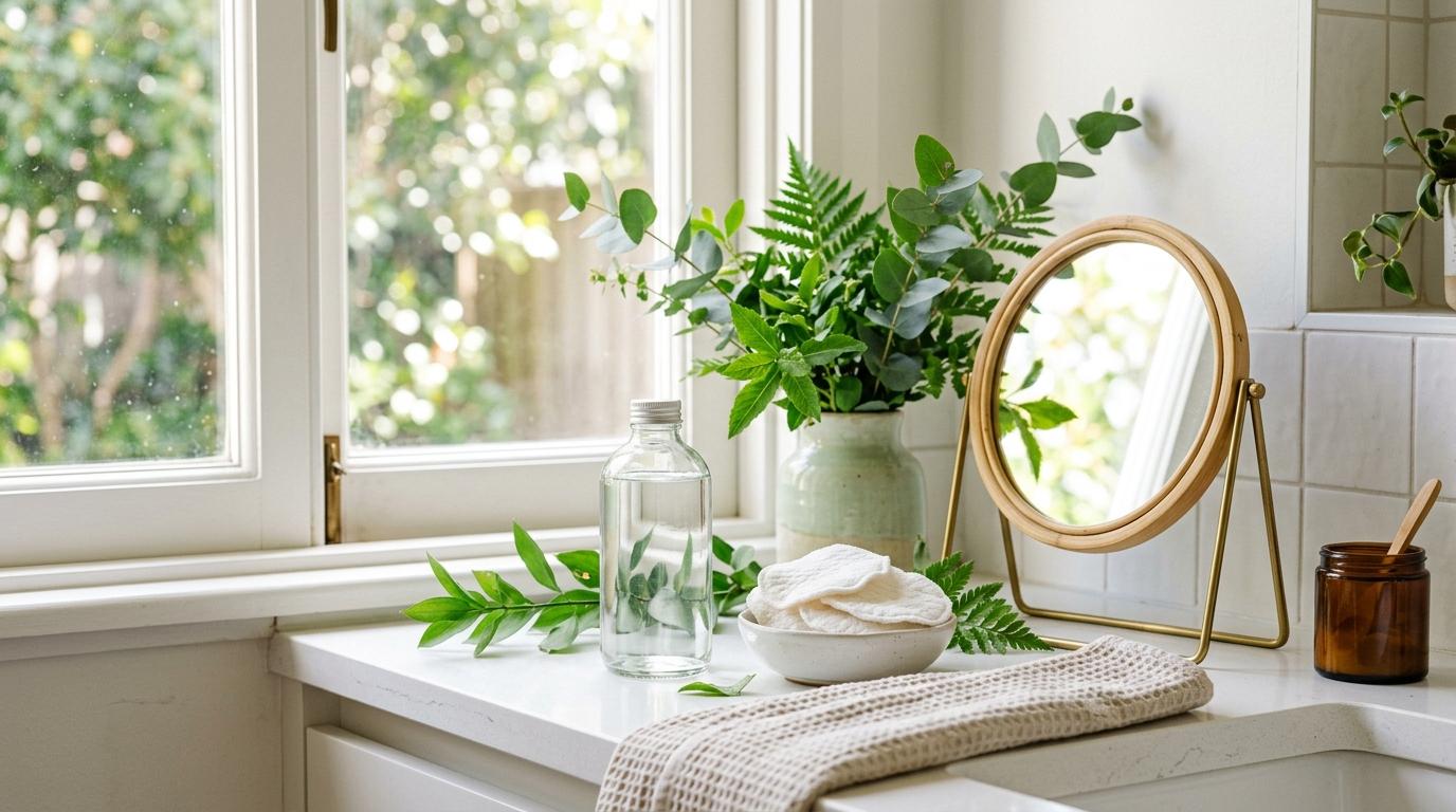 bright vibrant photorealistic bathroom counter with cotton pads, watery toner bottle, small mirror, and fresh green leaves, soft daylight, no visible labels, no