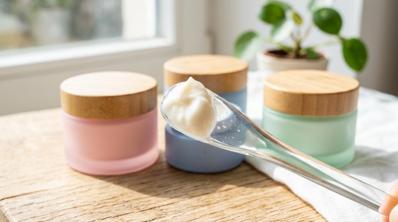 bright vibrant photorealistic close-up of lightweight cream texture on a clean glass spatula beside pastel moisturizer jars, natural daylight, no visible labels
