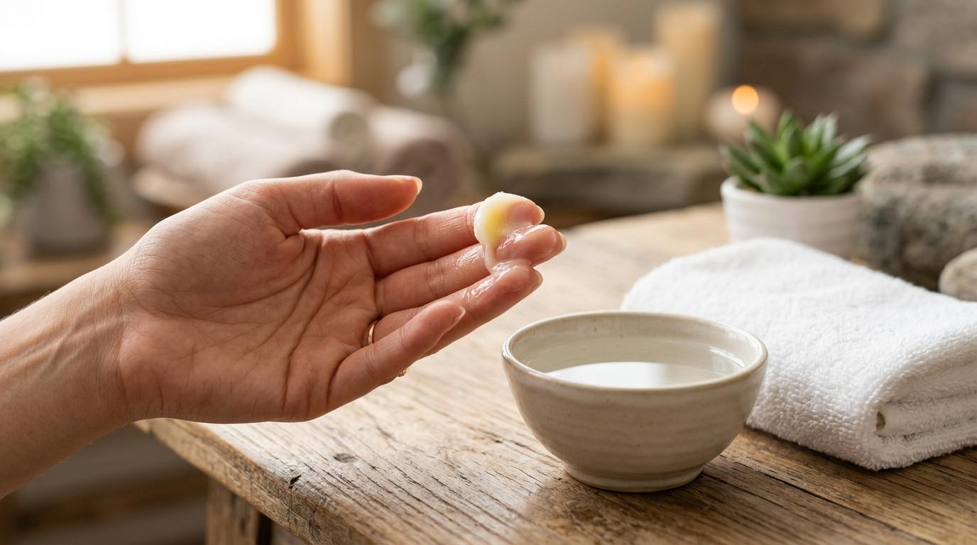 bright vibrant photorealistic close-up of cleansing balm melting on fingertips beside a small bowl of water and white towel, soft spa lighting, no visible label