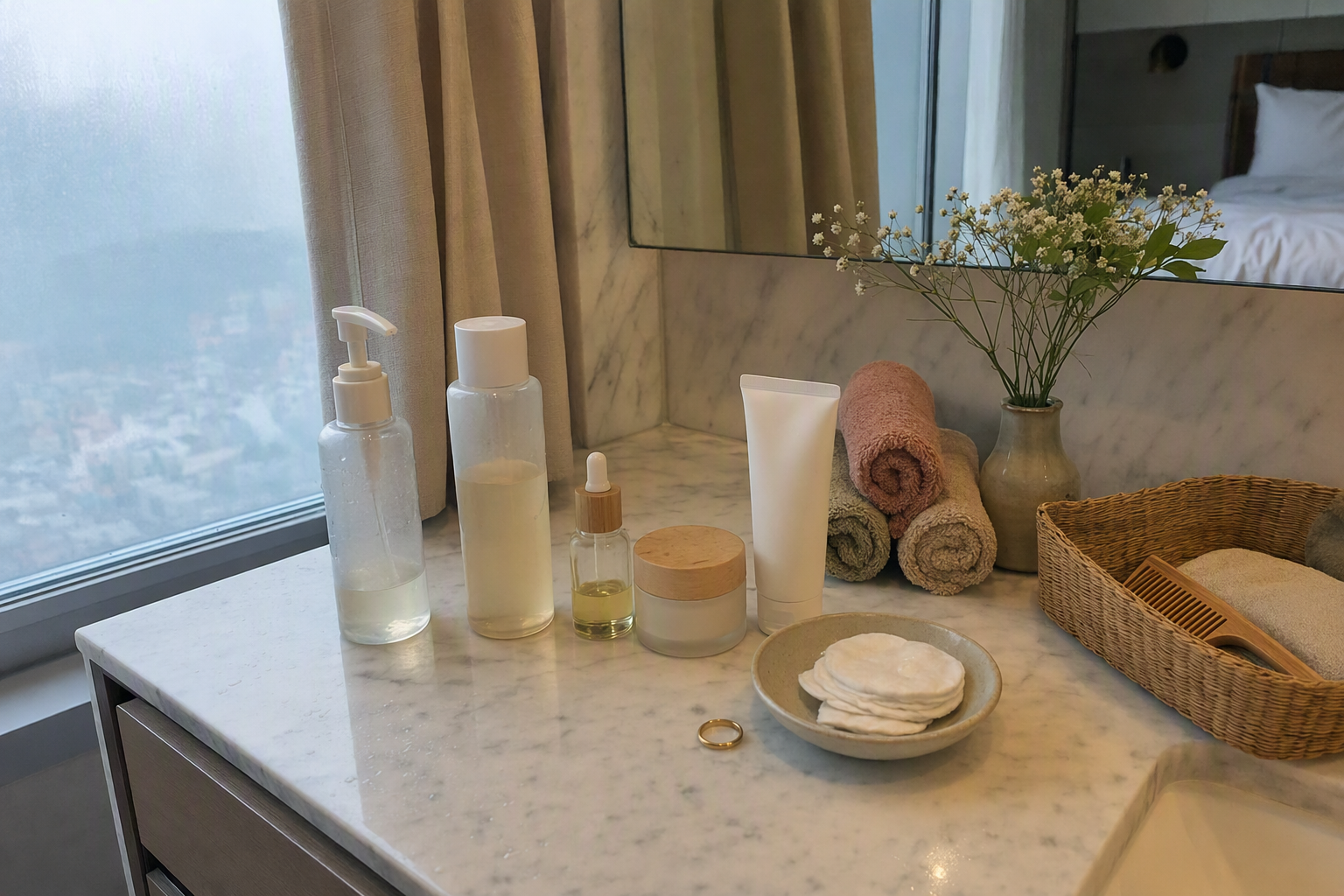 bright vibrant photorealistic flat lay of minimalist Korean skincare bottles on a clean hotel vanity with soft morning sunlight, pastel towels, no visible label