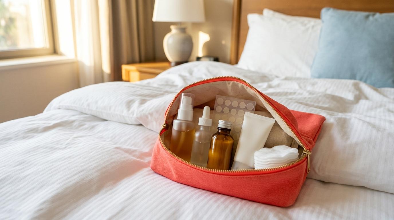 bright vibrant photorealistic open travel pouch with small skincare bottles, acne patches, sunscreen, and cotton pads on a hotel bed, warm morning light, no vis